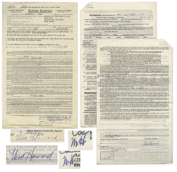 Two March 1959 Contracts Signed by Moe Howard, Who Signs One ''3 Stooges / Moe Howard'' & the Other ''Moe Howard'' -- Contracts for Three Stooges Performances -- Each Measures 8.5'' x 14'', Very Good
